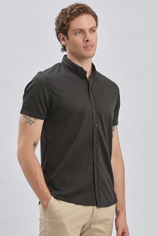 Black Self Patterned Jacquard Button Collar Slim Fit T-Shirt 1011240152