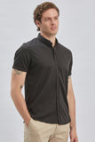 Black Self Patterned Jacquard Button Collar Slim Fit T-Shirt 1011240152