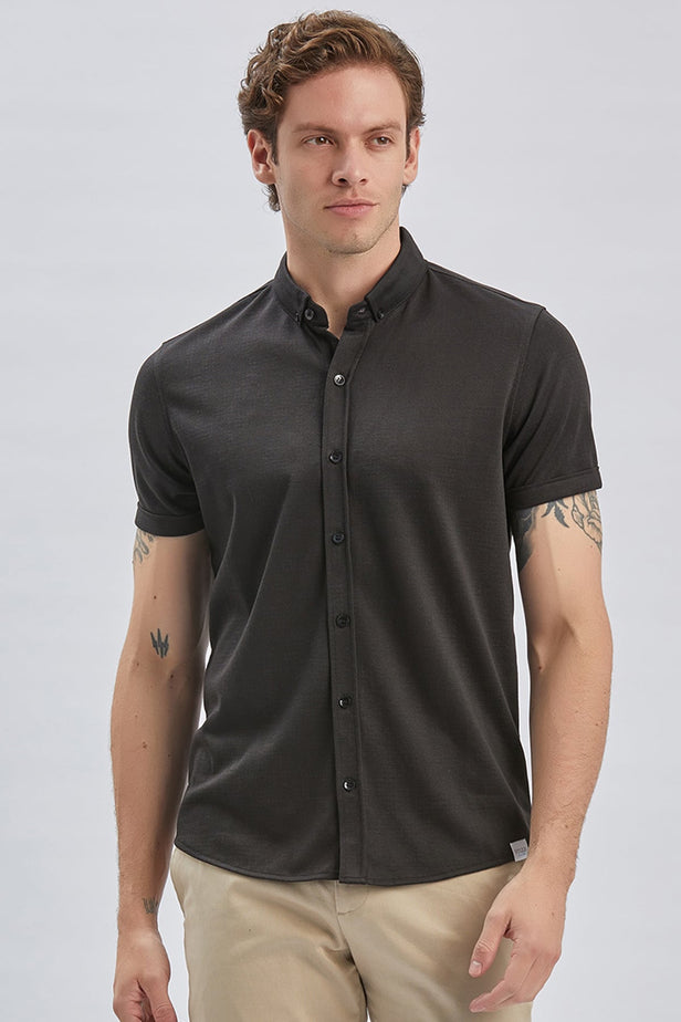 Black Self Patterned Jacquard Button Collar Slim Fit T-Shirt 1011240152