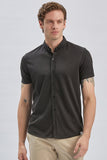 Black Self Patterned Jacquard Button Collar Slim Fit T-Shirt 1011240152