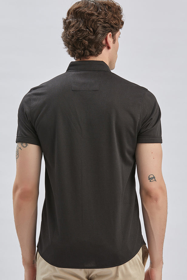 Black Self Patterned Jacquard Button Collar Slim Fit T-Shirt 1011240152