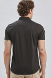 Black Self Patterned Jacquard Button Collar Slim Fit T-Shirt 1011240152