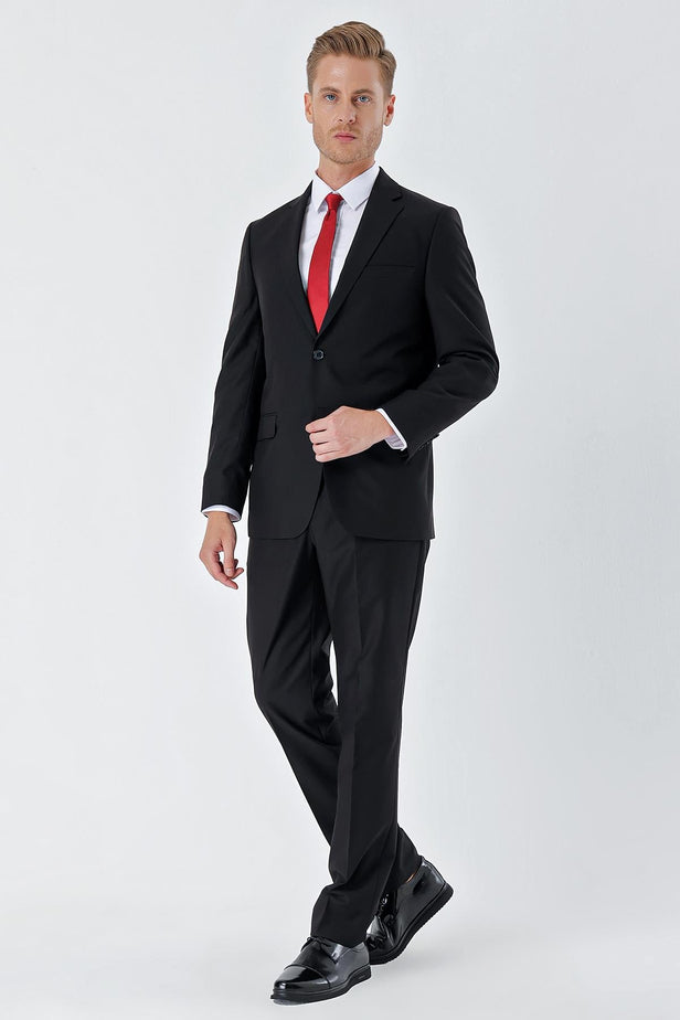 Black Gabardine Notch Lapel 6 Drop Comfort Fit Basic Suit 1001240010