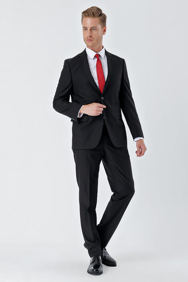 Black Gabardine Notch Lapel 6 Drop Comfort Fit Basic Suit 1001240010