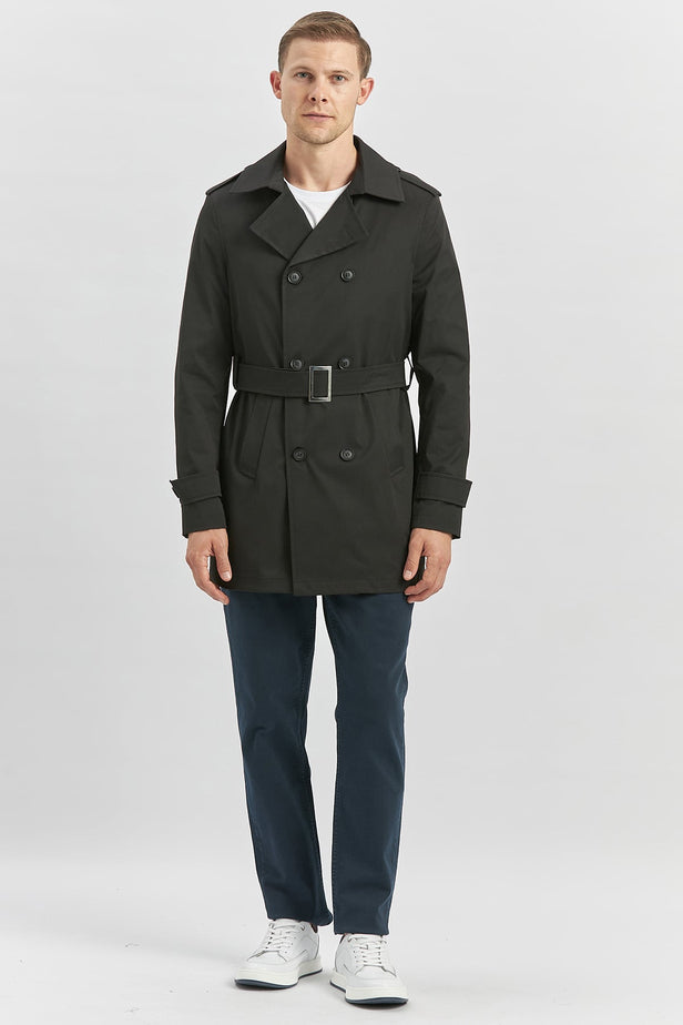 Black Gabardine Notch Lapel Single Vent Full-Lined Slim Fit Classic Long Coat 1008245105