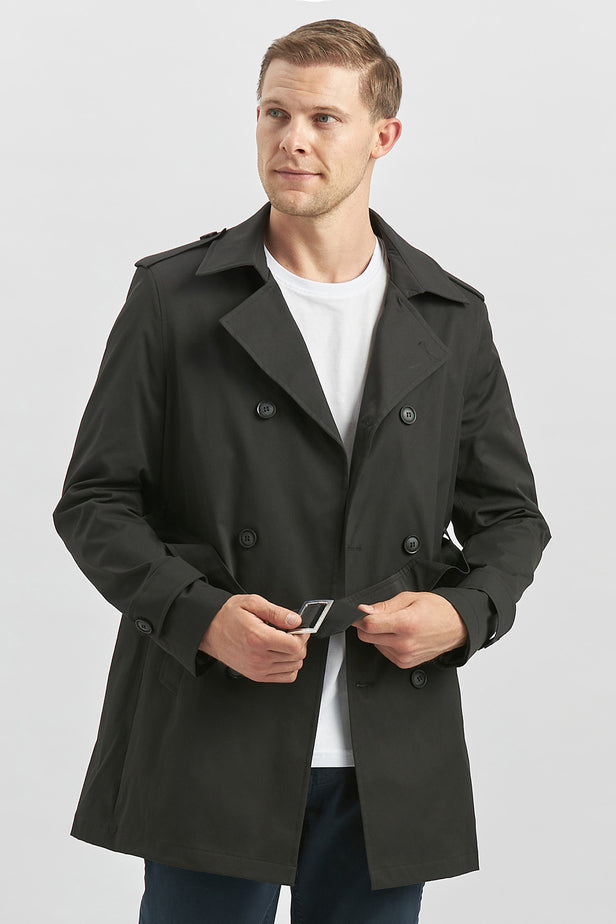 Black Gabardine Notch Lapel Single Vent Full-Lined Slim Fit Classic Long Coat 1008245105