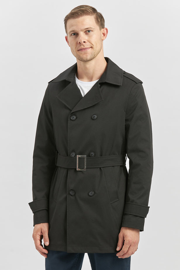 Black Gabardine Notch Lapel Single Vent Full-Lined Slim Fit Classic Long Coat 1008245105