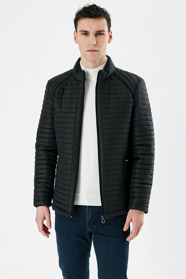 Black Quilted Padded Stand Collar Lined Slim Fit Casual Jacket 1007235264
