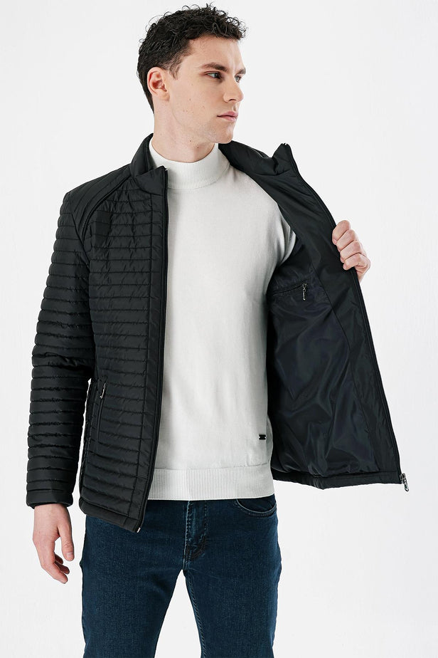 Black Quilted Padded Stand Collar Lined Slim Fit Casual Jacket 1007235264