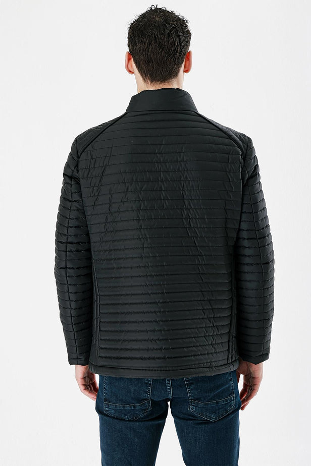 Black Quilted Padded Stand Collar Lined Slim Fit Casual Jacket 1007235264