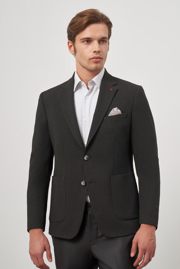 Black Self-Patterned Textured Notch Lapel 6 Drop Slim Fit Classic Blazer 1002245158