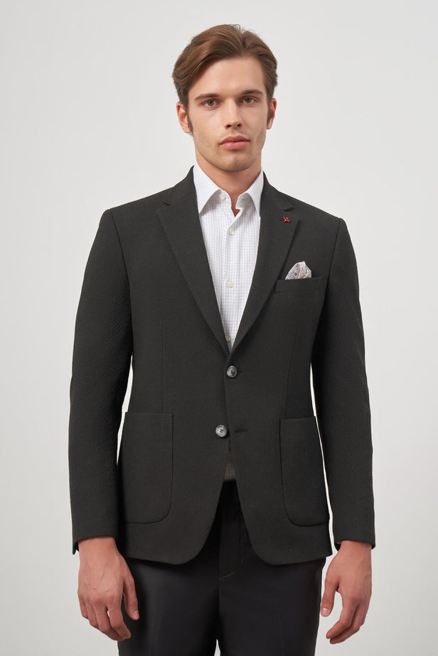 Black Self-Patterned Textured Notch Lapel 6 Drop Slim Fit Classic Blazer 1002245158
