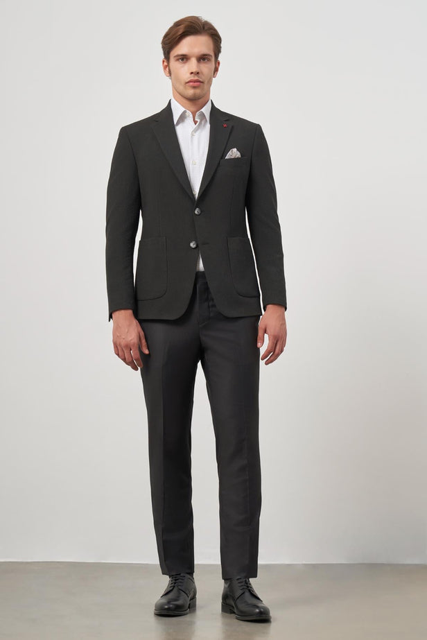 Black Self-Patterned Textured Notch Lapel 6 Drop Slim Fit Classic Blazer 1002245158