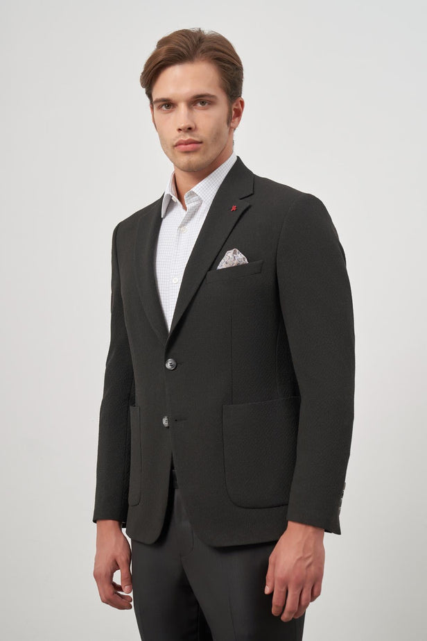 Black Self-Patterned Textured Notch Lapel 6 Drop Slim Fit Classic Blazer 1002245158
