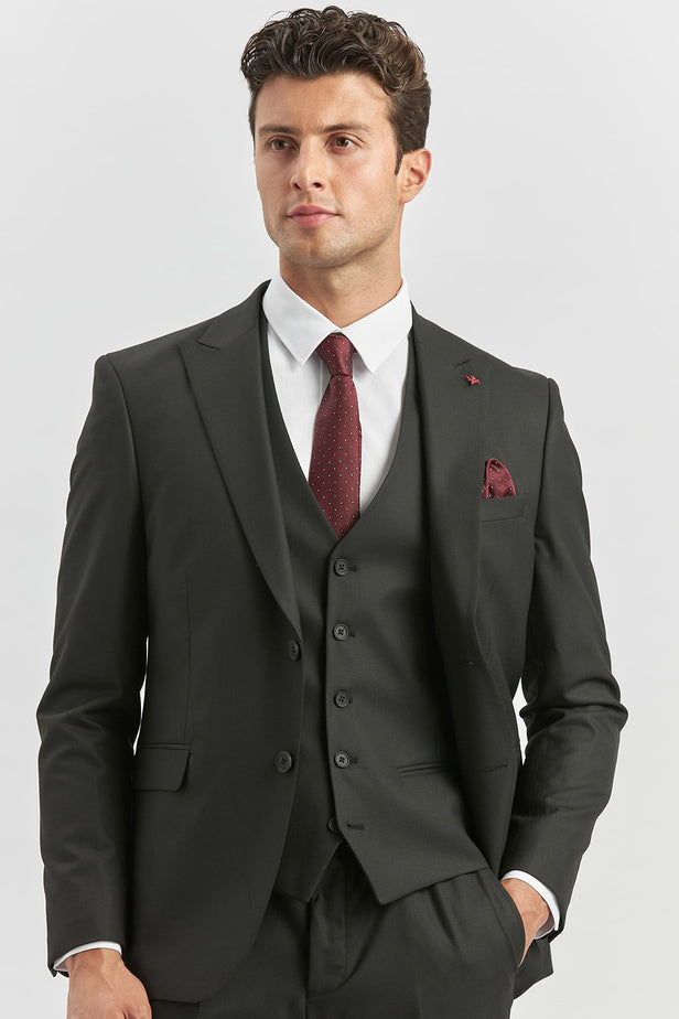 Peak Lapel Lined Suit with Vest 6 Drop Slim Fit Classic Suit 1001240179