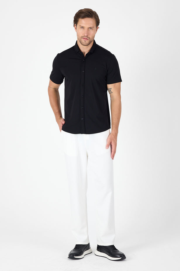 Black Short Sleeve Button Collar Pocketless Performance Slim Fit Shirt 1004250256