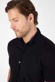 Black Short Sleeve Button Collar Pocketless Performance Slim Fit Shirt 1004250256