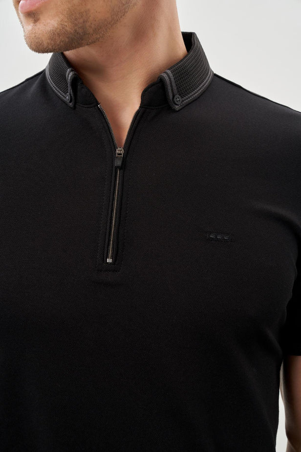 Short Sleeve Plain Pique Polo Collar Pocketless Slim Fit Cotton T-Shirt 1011245900