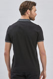 Black Short Sleeve Pique Polo Collar Slim Fit Cotton T-Shirt 1011240155