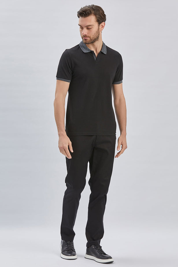 Black Short Sleeve Pique Polo Collar Slim Fit Cotton T-Shirt 1011240155