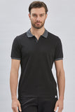 Black Short Sleeve Pique Polo Collar Slim Fit Cotton T-Shirt 1011240155