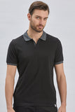Black Short Sleeve Pique Polo Collar Slim Fit Cotton T-Shirt 1011240155