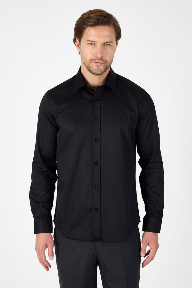 Stiff Collar Plain Classic 100% Cotton Slim Fit Shirt 1004250324