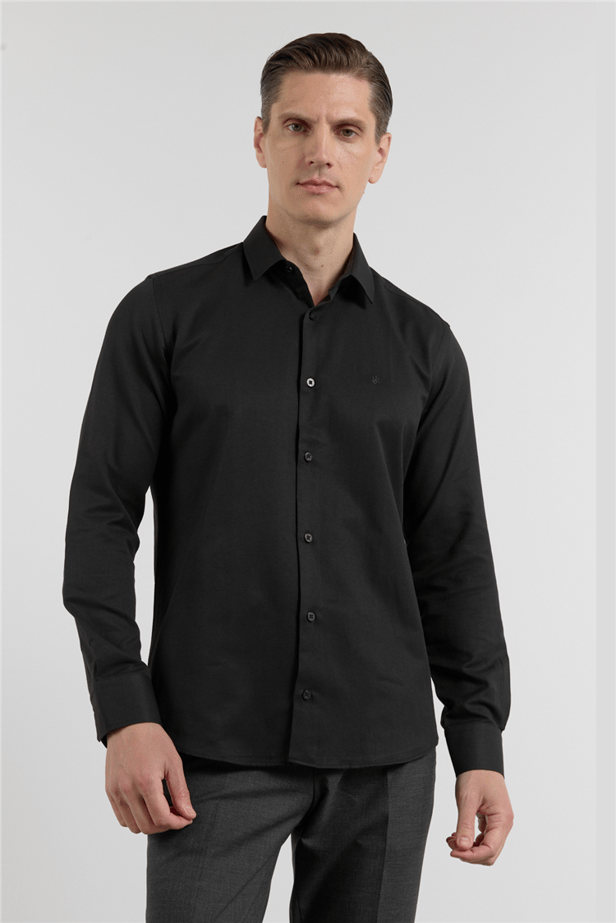 Long Sleeve Hard Collar Pocketless Slim Fit Oxford Shirt 1004255284