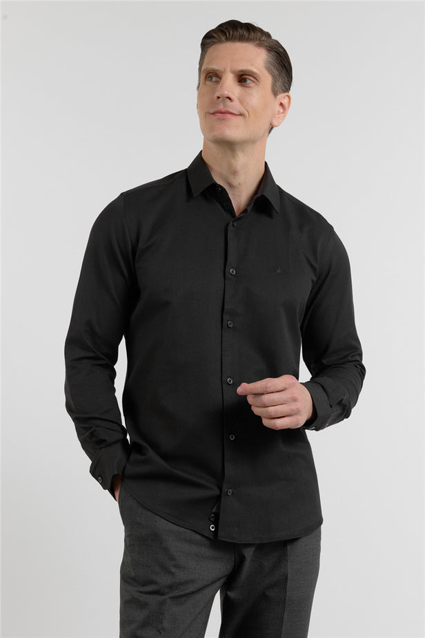 Long Sleeve Hard Collar Pocketless Slim Fit Oxford Shirt 1004255284