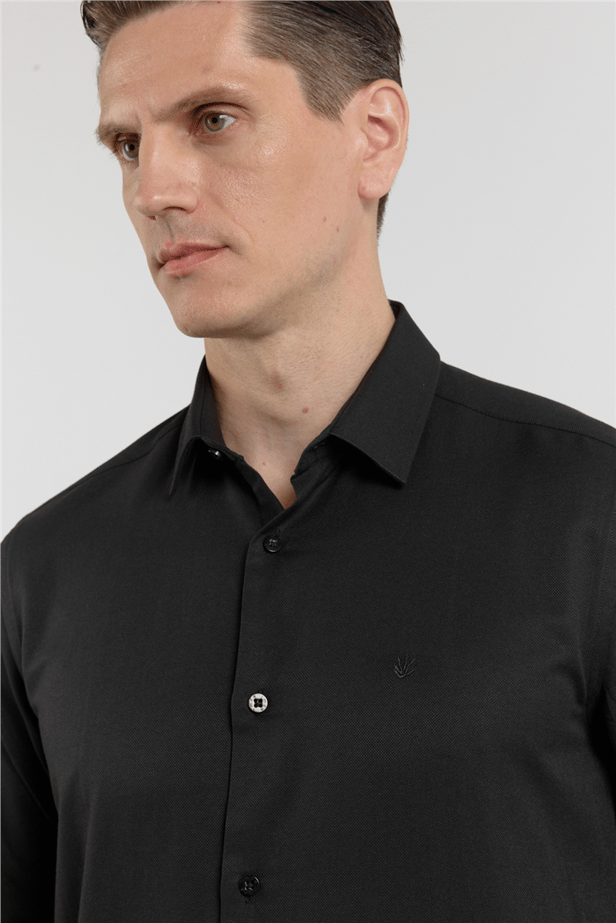 Long Sleeve Hard Collar Pocketless Slim Fit Oxford Shirt 1004255284