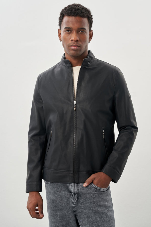 Faux Leather Stand Collar Full-Lined Slim Fit Casual Jacket 1038245152