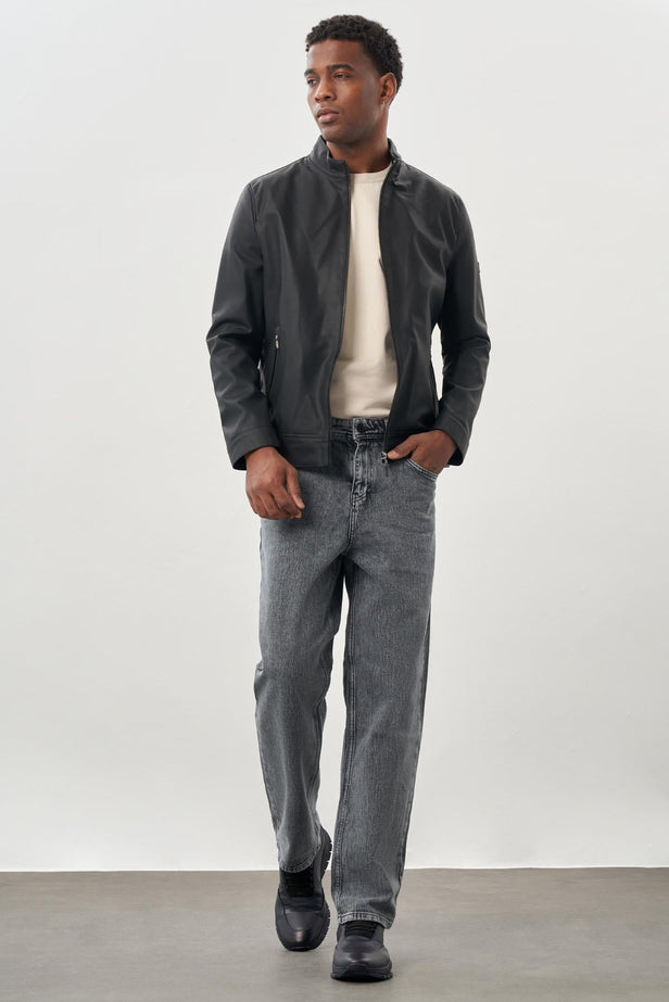 Faux Leather Stand Collar Full-Lined Slim Fit Casual Jacket 1038245152