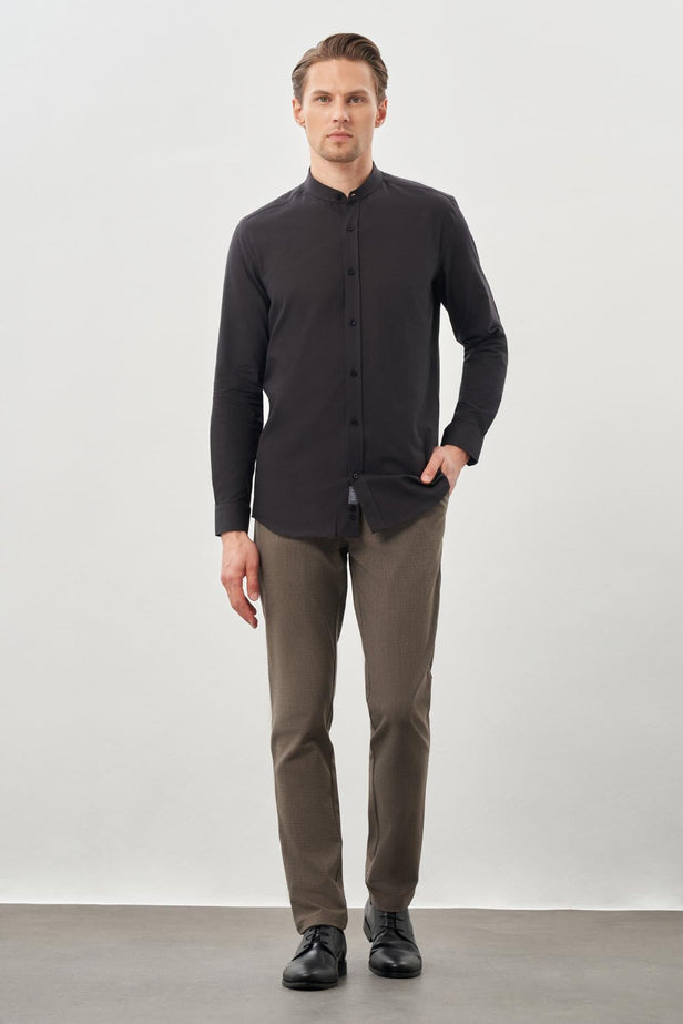 Long Sleeve Plain Weave Stand Collar Pocketless Cotton Casual Slim Fit Shirt 1004245270