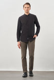 Long Sleeve Plain Weave Stand Collar Pocketless Cotton Casual Slim Fit Shirt 1004245270