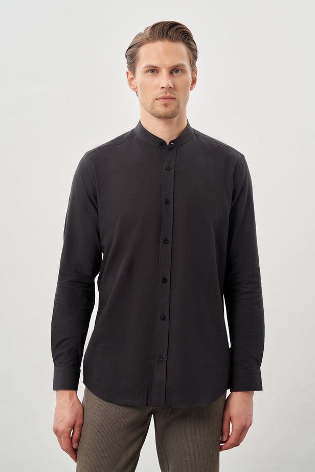 Long Sleeve Plain Weave Stand Collar Pocketless Cotton Casual Slim Fit Shirt 1004245270