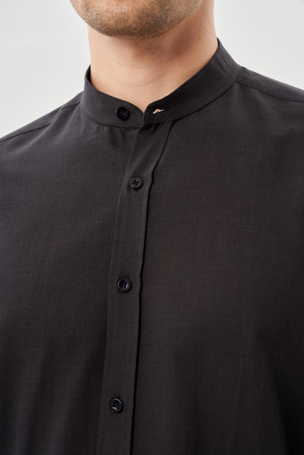 Long Sleeve Plain Weave Stand Collar Pocketless Cotton Casual Slim Fit Shirt 1004245270