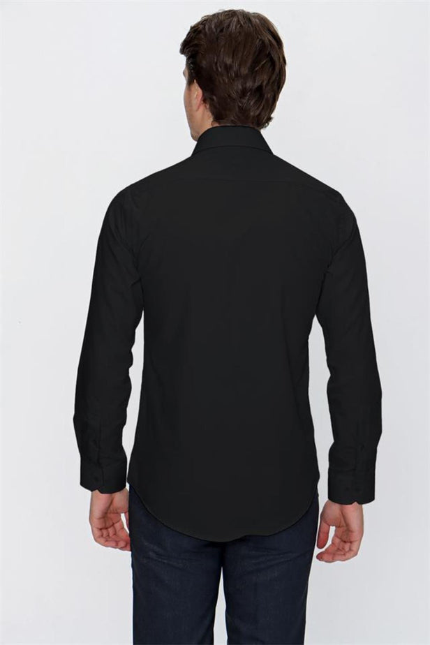 Long Sleeve Hard Collar Pocketless Slim Fit Shirt 1004240057