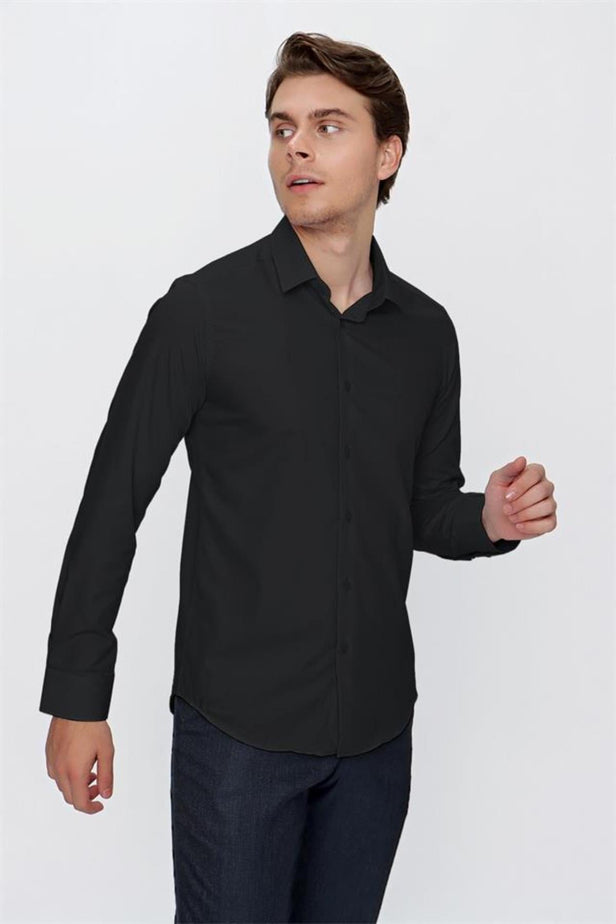 Long Sleeve Hard Collar Pocketless Slim Fit Shirt 1004240057