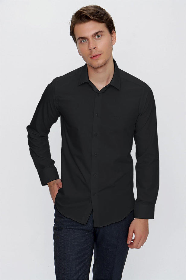 Long Sleeve Hard Collar Pocketless Slim Fit Shirt 1004240057