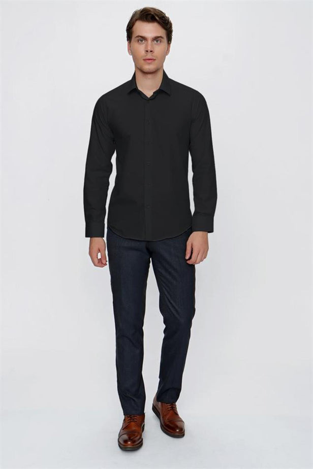 Long Sleeve Hard Collar Pocketless Slim Fit Shirt 1004240057