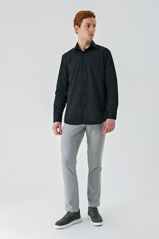 Black Long Sleeve Textured Hard Collar Comfort Fit Shirt 1004240190