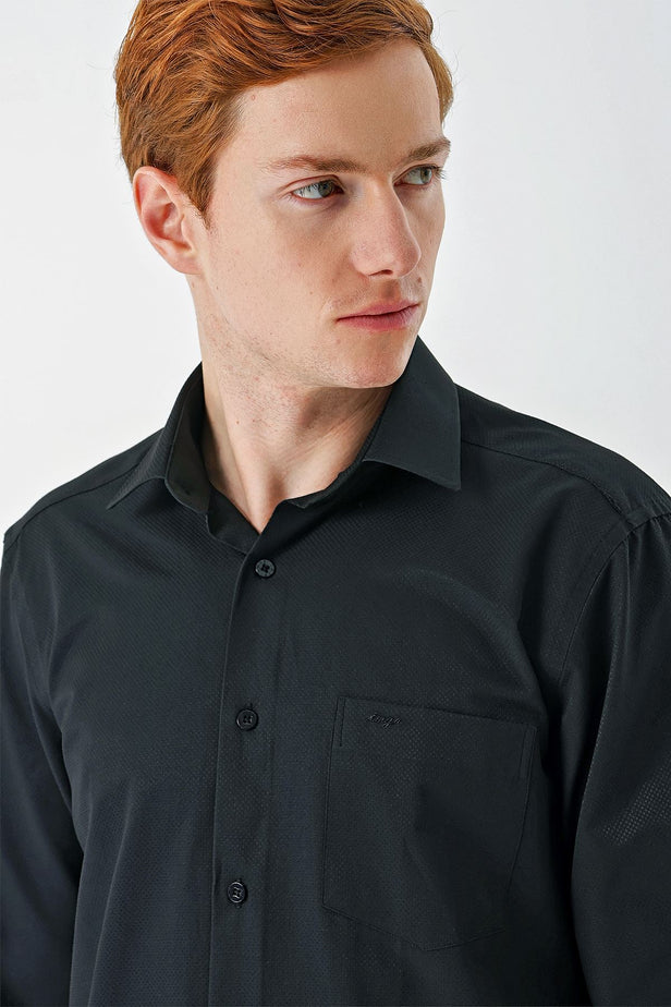 Black Long Sleeve Textured Hard Collar Comfort Fit Shirt 1004240190