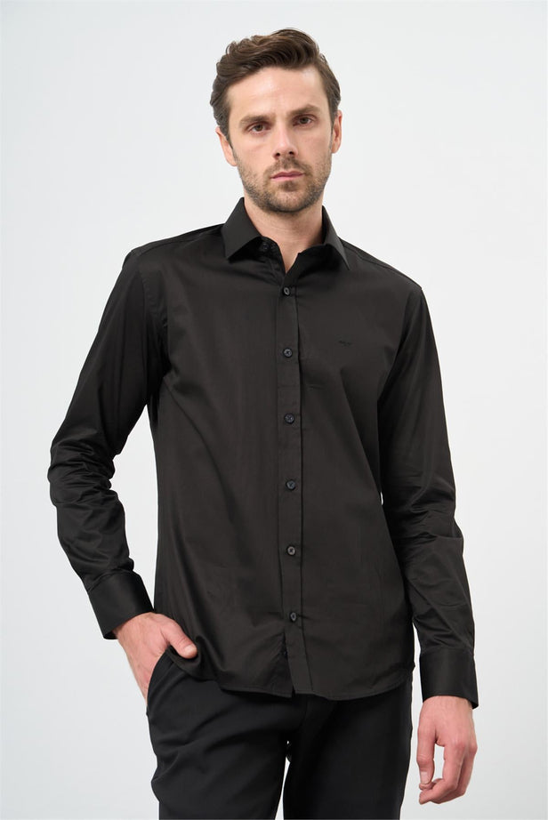 Long Sleeve Hard Collar Pocketless Slim Fit Cotton Shirt 1004240324