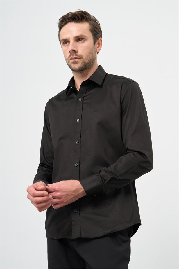Long Sleeve Hard Collar Pocketless Slim Fit Cotton Shirt 1004240324