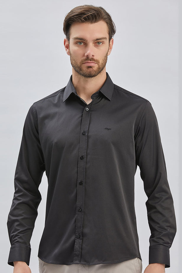 Long Sleeve Hard Collar Pocketless Slim Fit Stretch Shirt 1004240234