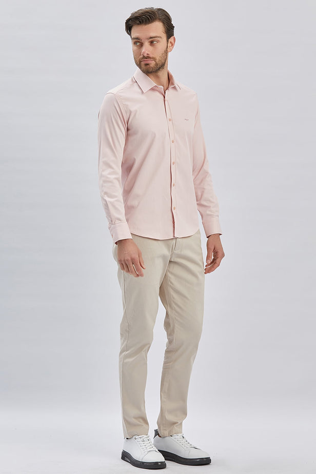 Long Sleeve Hard Collar Pocketless Slim Fit Stretch Shirt 1004240234