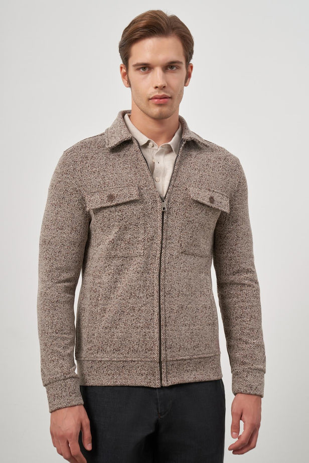 Tan Knitted Baby Collar Self-Patterned No Vent Slim Fit Classic Coat 1007245156