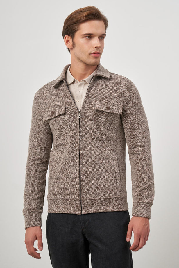 Tan Knitted Baby Collar Self-Patterned No Vent Slim Fit Classic Coat 1007245156