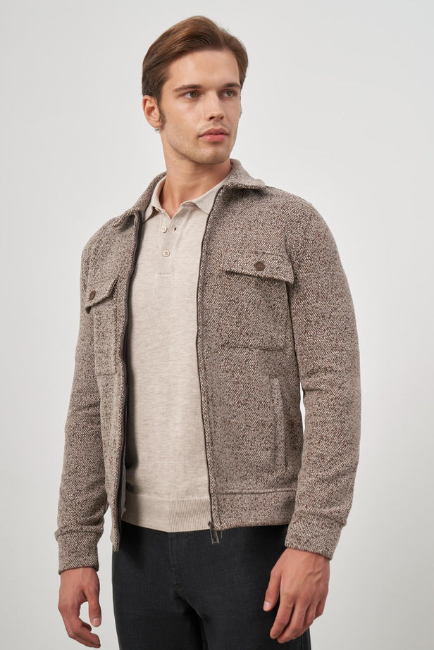 Tan Knitted Baby Collar Self-Patterned No Vent Slim Fit Classic Coat 1007245156