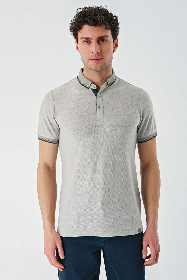 White Short Sleeve Self Patterned Jacquard Button Collar Pocket Slim Fit T-Shirt 1011240175